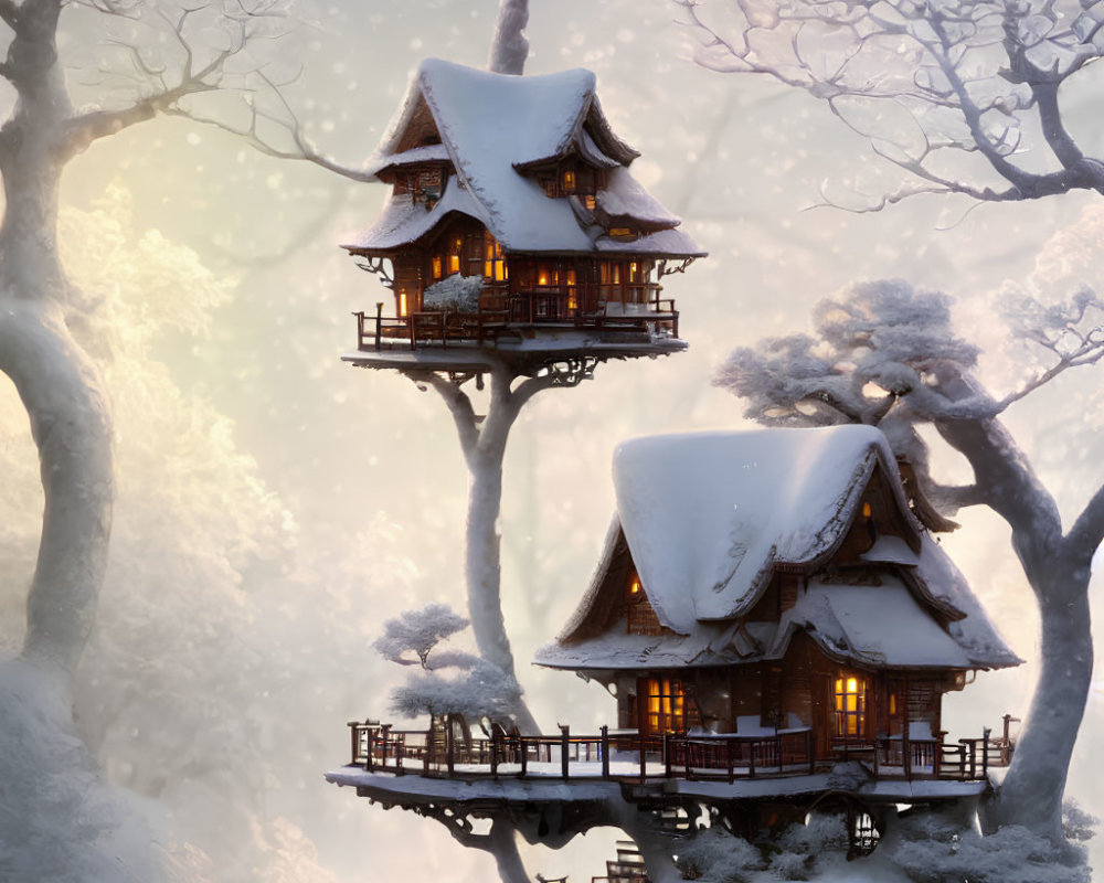 Snow-covered treehouse with warmly lit windows in winter landscape
