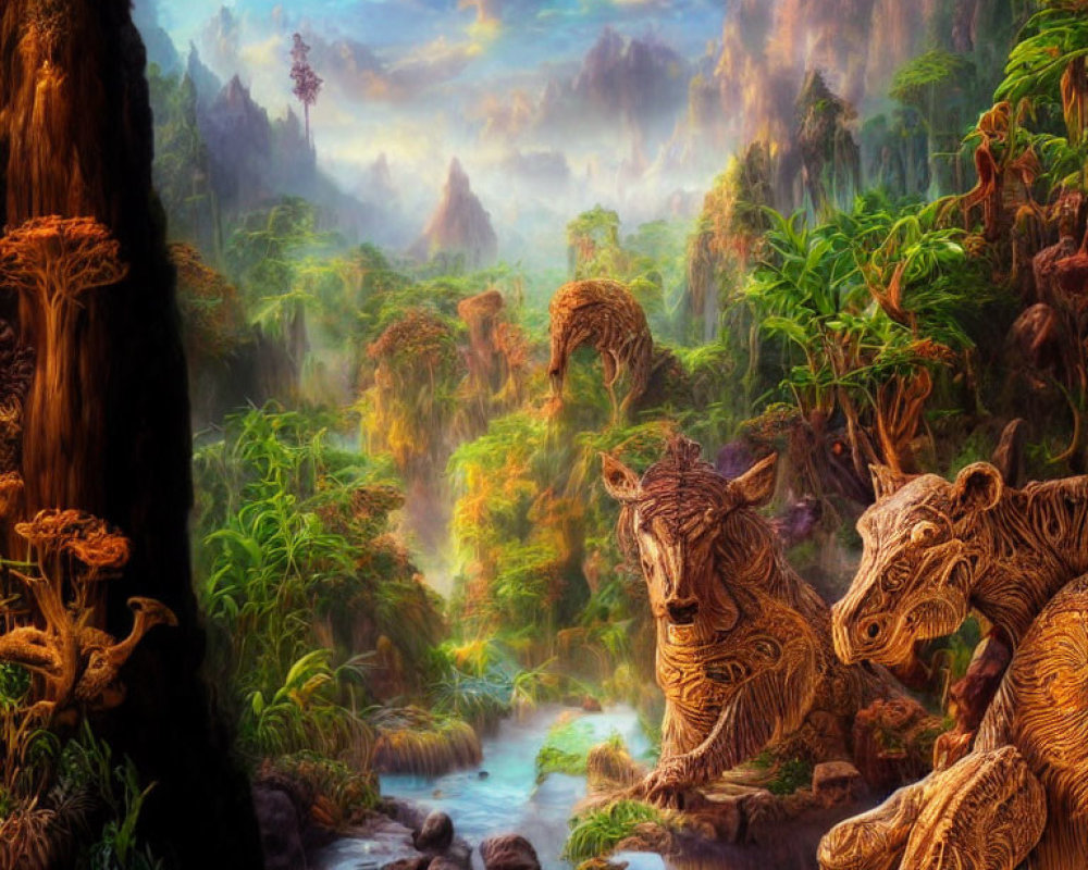 Colorful fantasy landscape with stream, forests, mountains, and wooden tiger sculptures