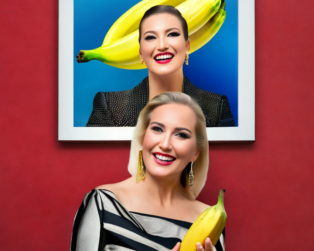Woman smiling holding banana with framed image of herself in background.