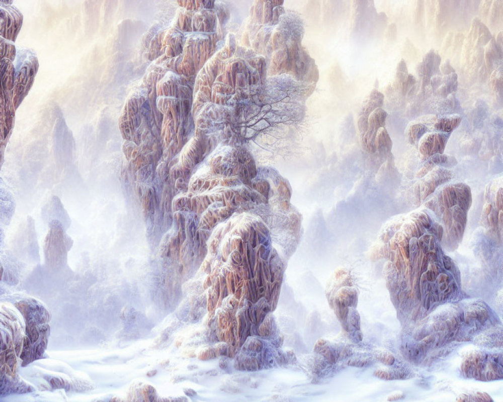 Snow-covered rock formations in misty winter landscape