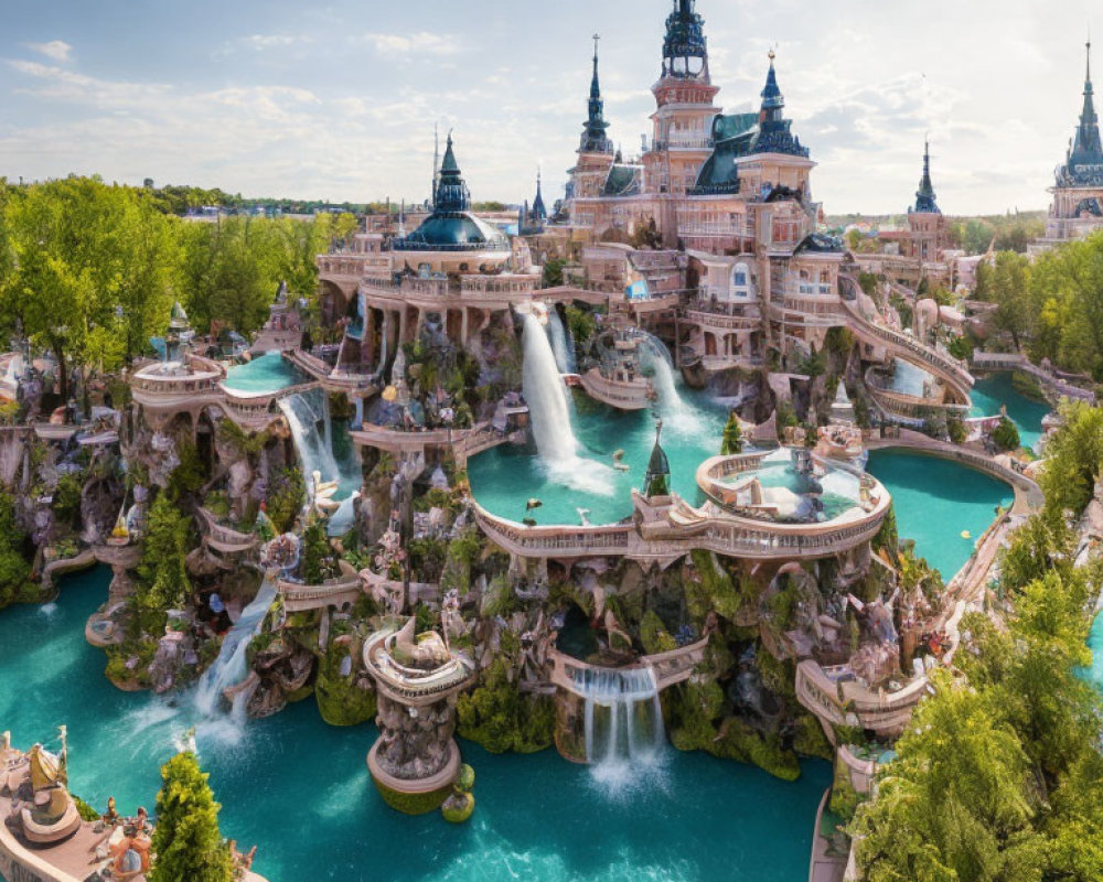 Fairytale-themed Amusement Park with Castles and Waterfalls