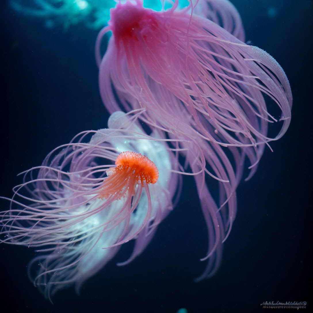 Elongated pink and white tentacled jellyfish in tranquil blue underwater scene