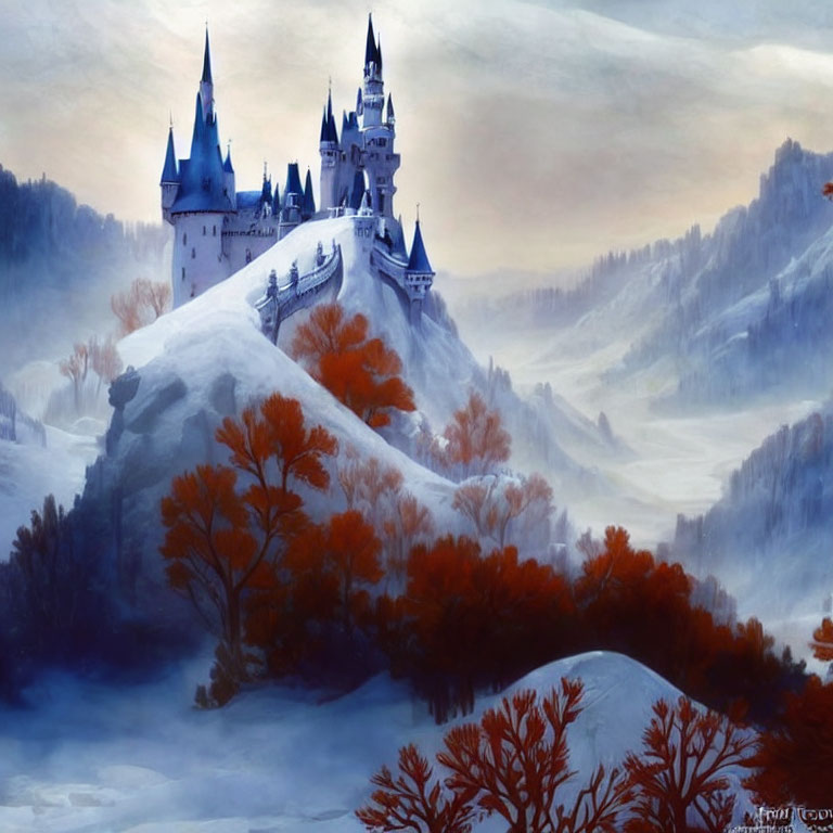 Snowy Hill Castle Surrounded by Winter Forest with Orange Foliage