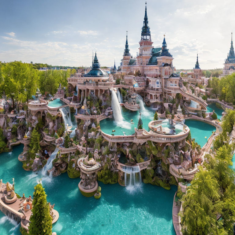 Fairytale-themed Amusement Park with Castles and Waterfalls