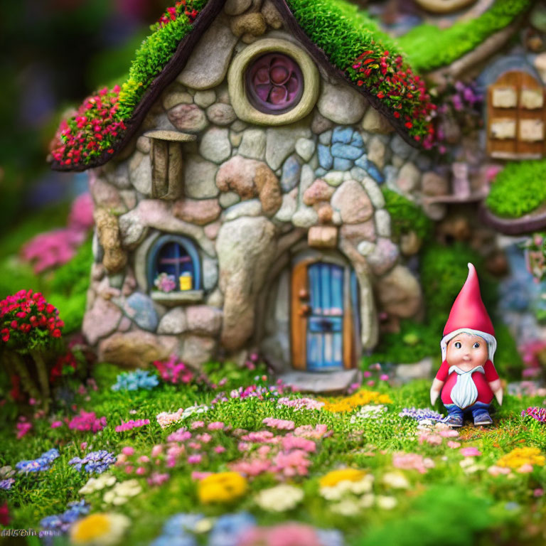 Vibrant garden with miniature moss-covered house and gnome statue