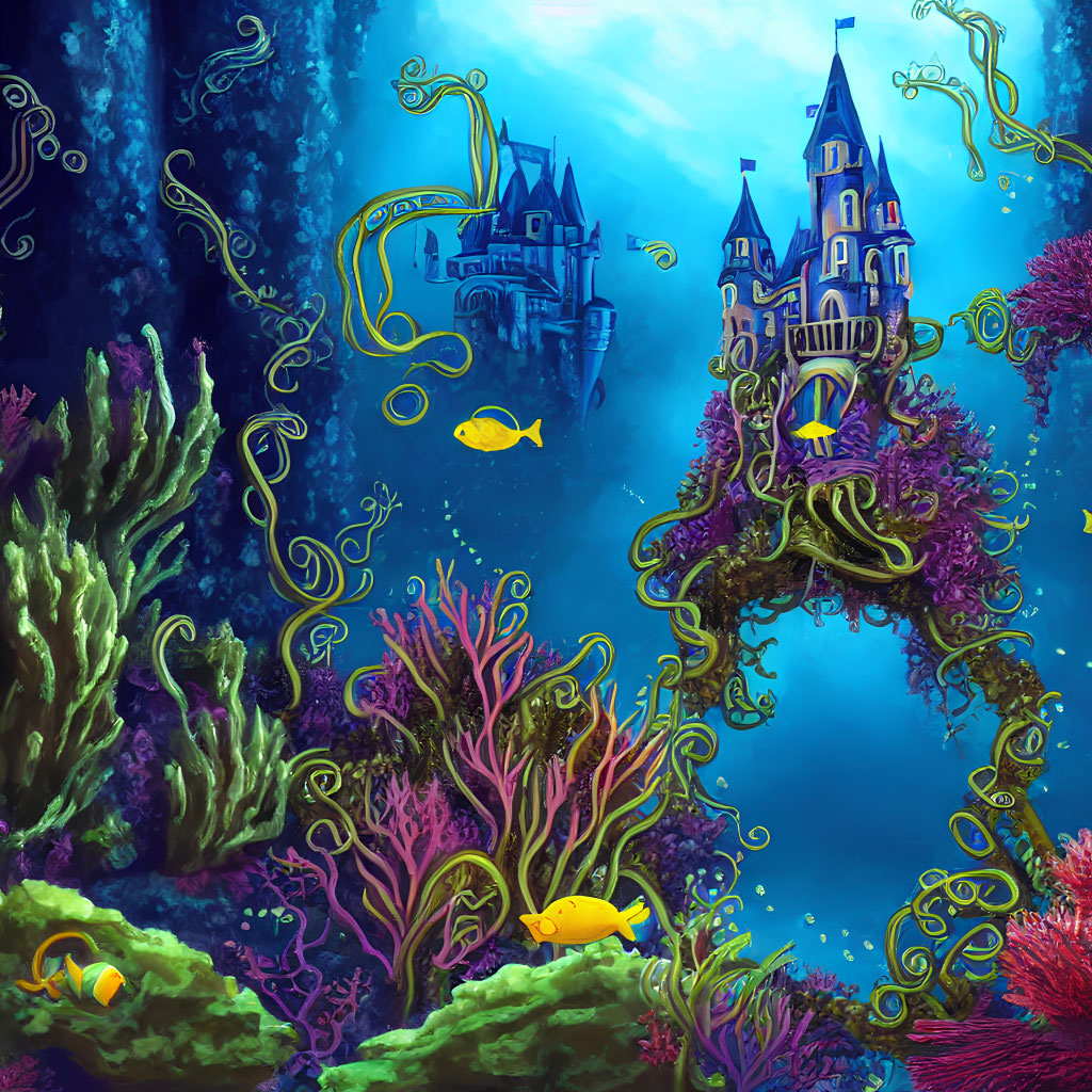 Colorful Underwater Scene with Castle, Corals, Fish, and Plant-like Forms