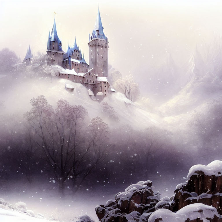Snowy landscape with majestic castle and blue rooftops