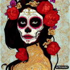Day of the Dead Woman in Floral Headpiece and Golden Attire on Ornate Background