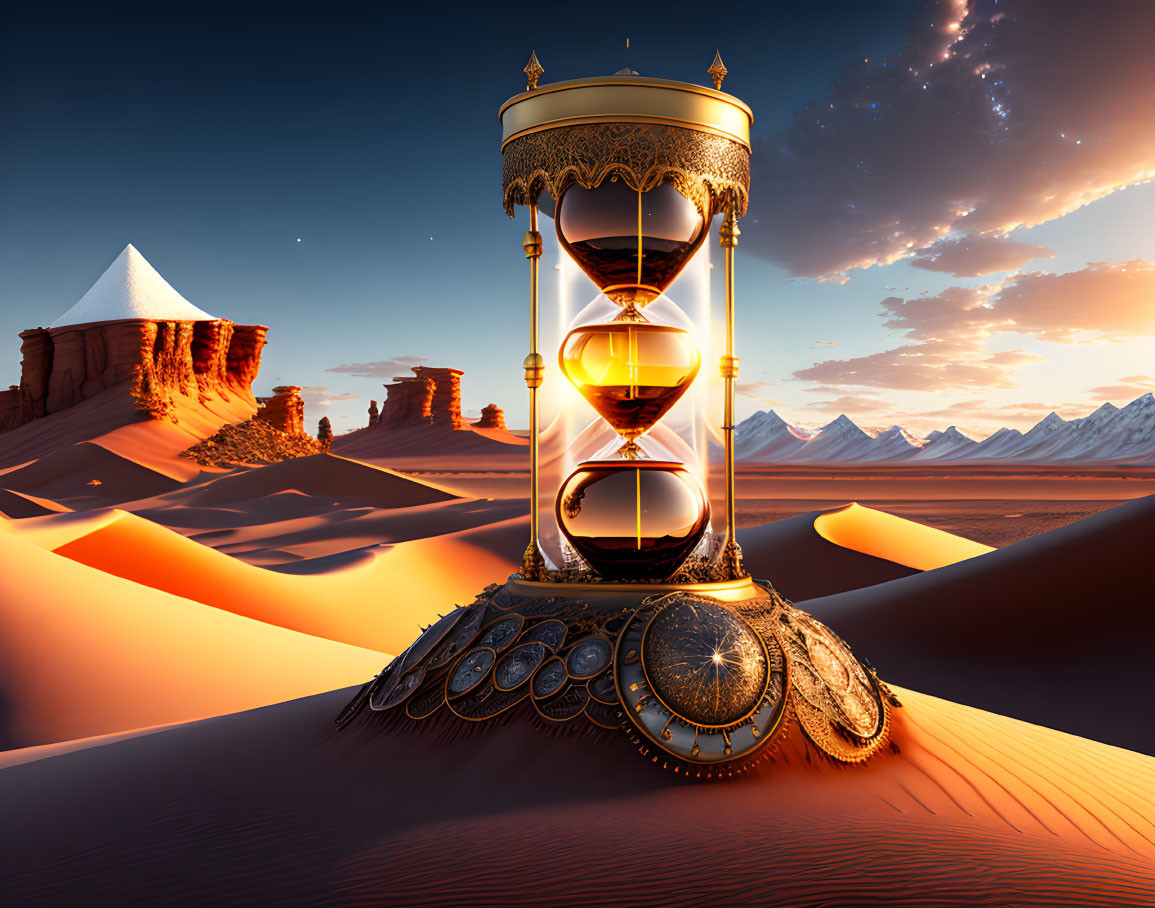 Ornate hourglass in desert with pyramids at twilight