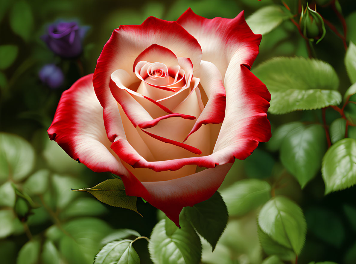 Bicolor red and white rose with green leaves and soft-focus flowers