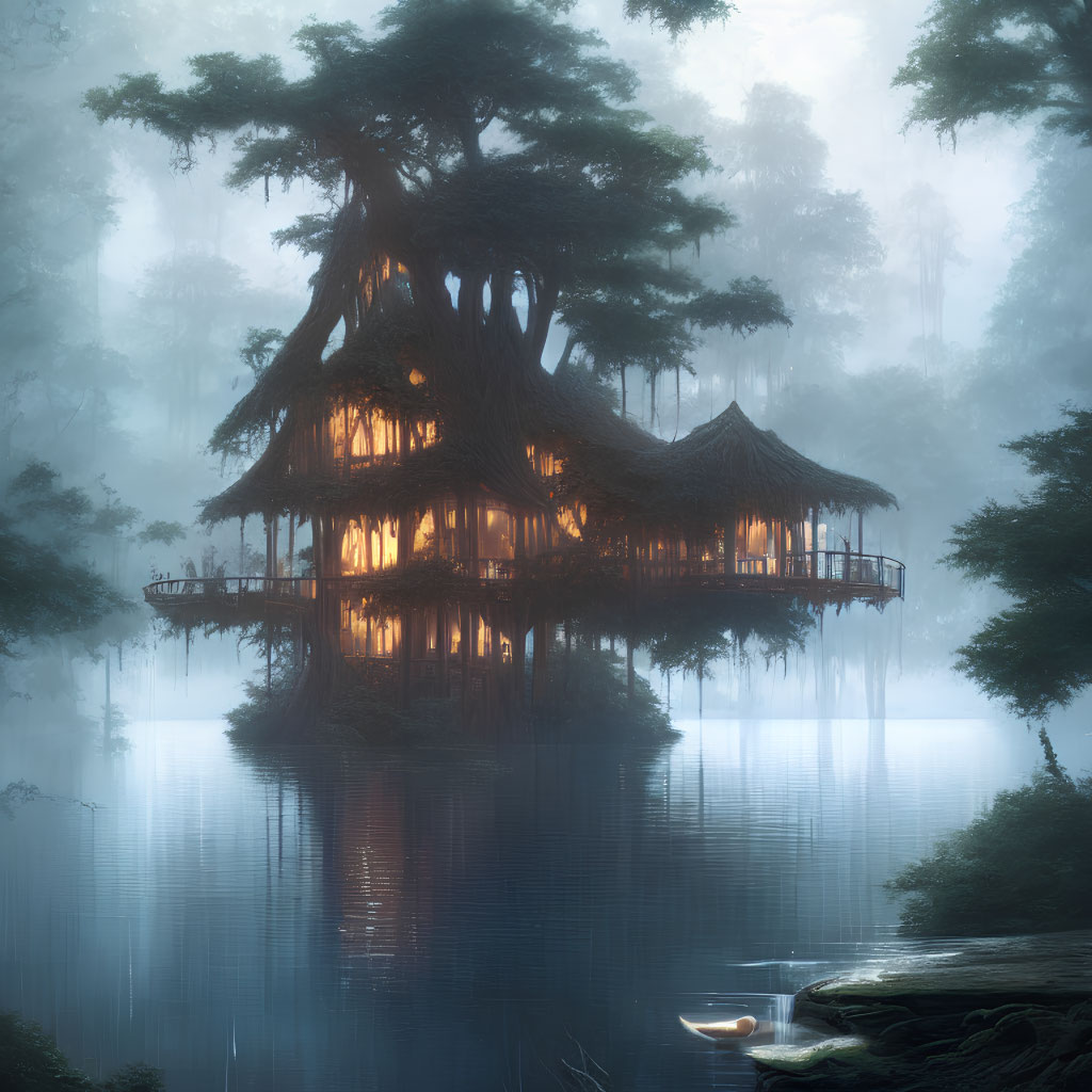 Ethereal treehouse in misty woods by tranquil lake at twilight