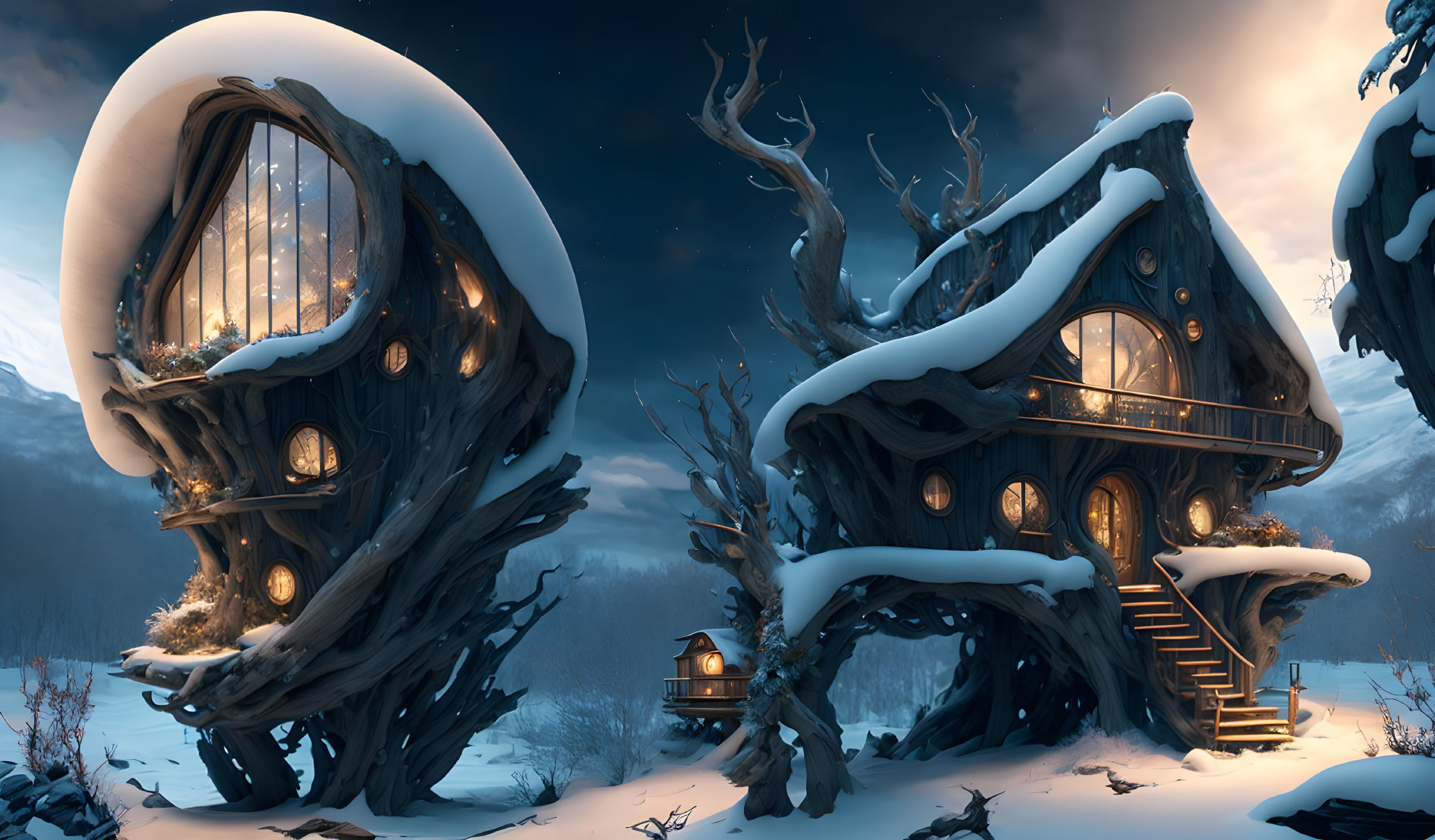 Snowy Twilight Scene: Whimsical Glowing Treehouses in Winter Landscape