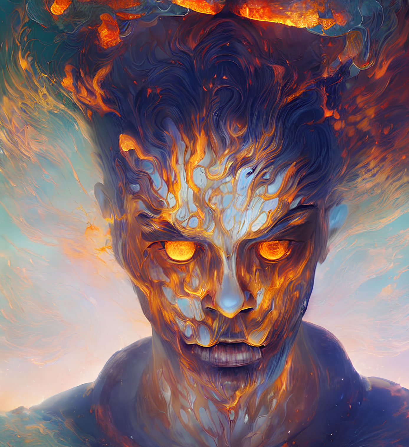 Vibrant human face artwork with fiery colors