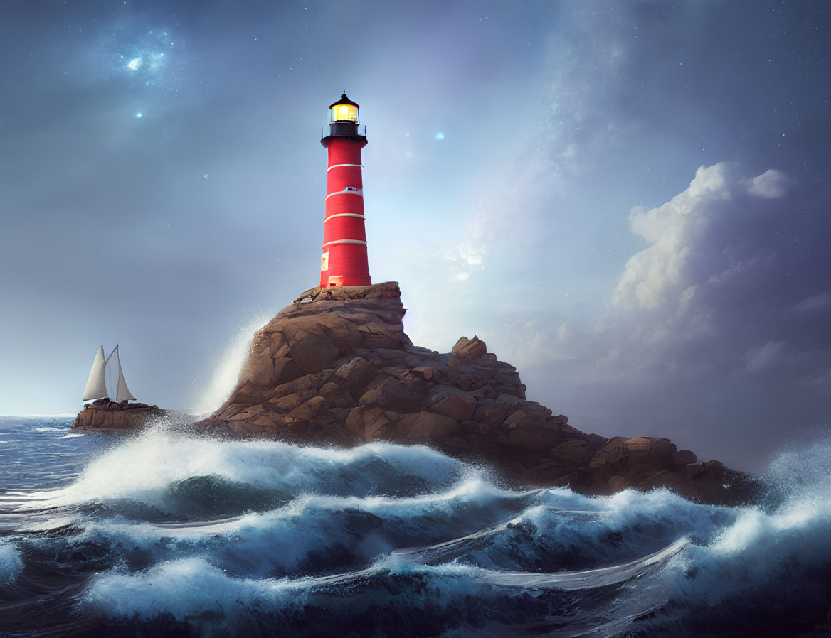 Red and white lighthouse on rocky cliff with sailboat, crashing waves, twilight sky.