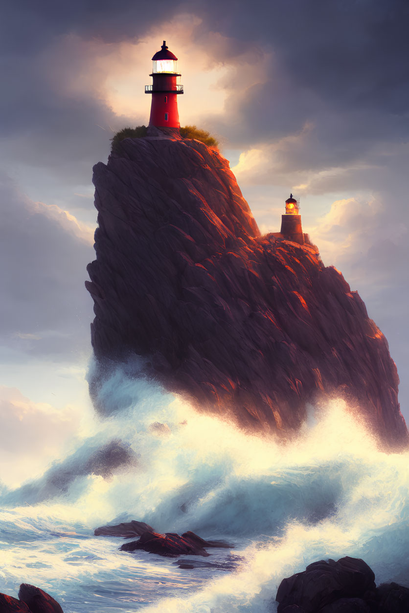 Majestic lighthouse on steep rock with dramatic waves and illuminated sky