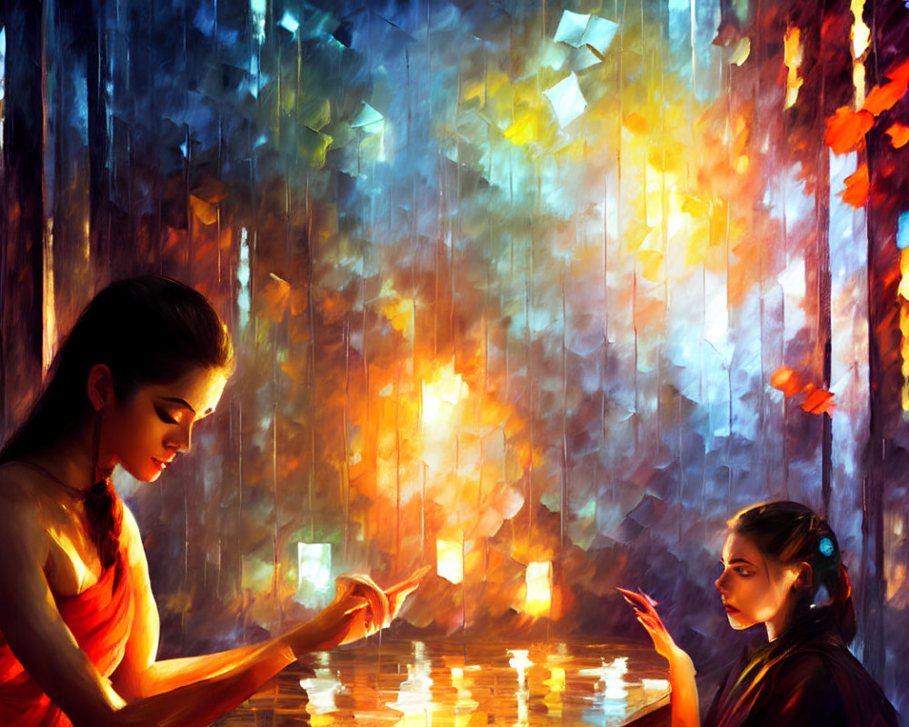 Vibrant mystical forest with two women and floating lanterns