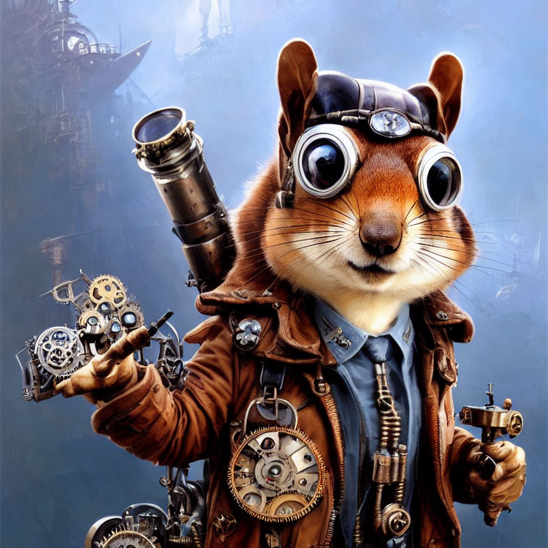 Steampunk-themed anthropomorphic squirrel with goggles and telescope
