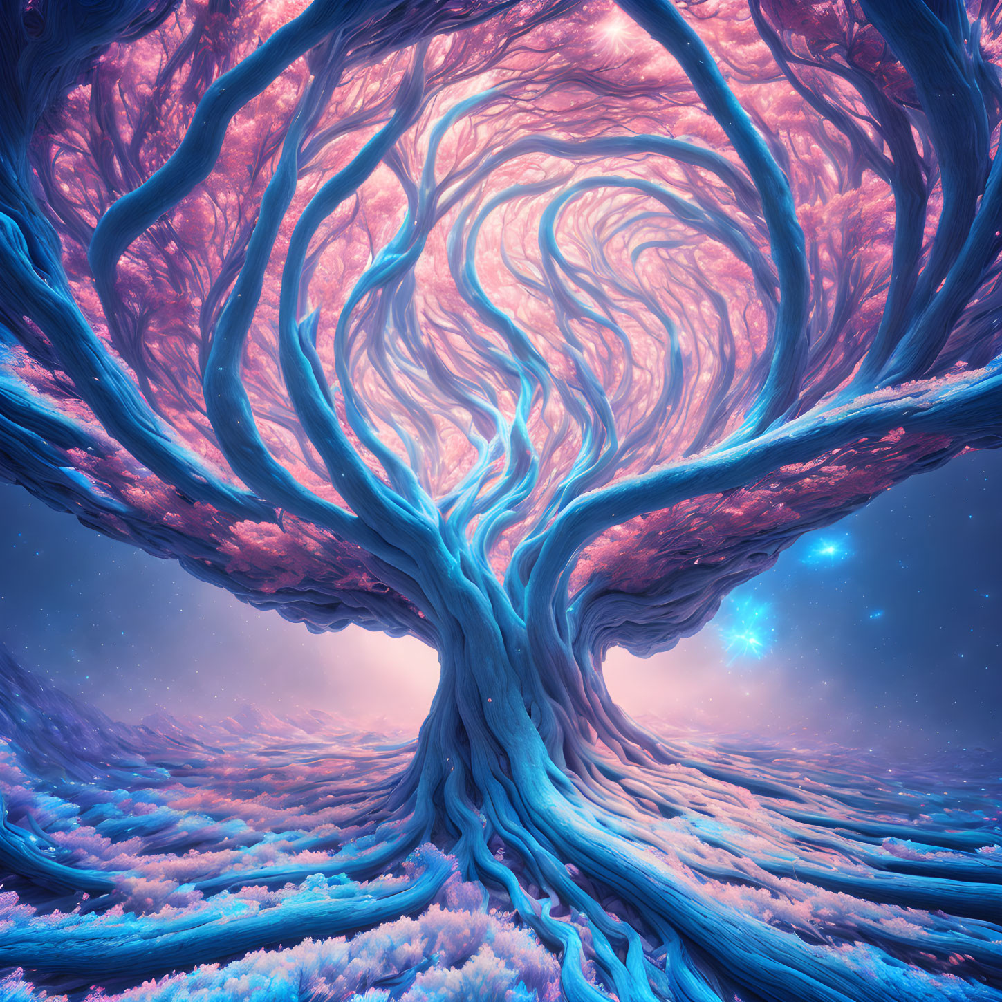 Colorful surreal illustration: Massive tree under starry sky