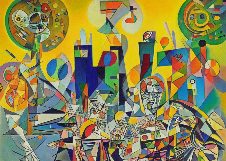 Vibrant Abstract Painting with Geometric Shapes and Fragmented Figures
