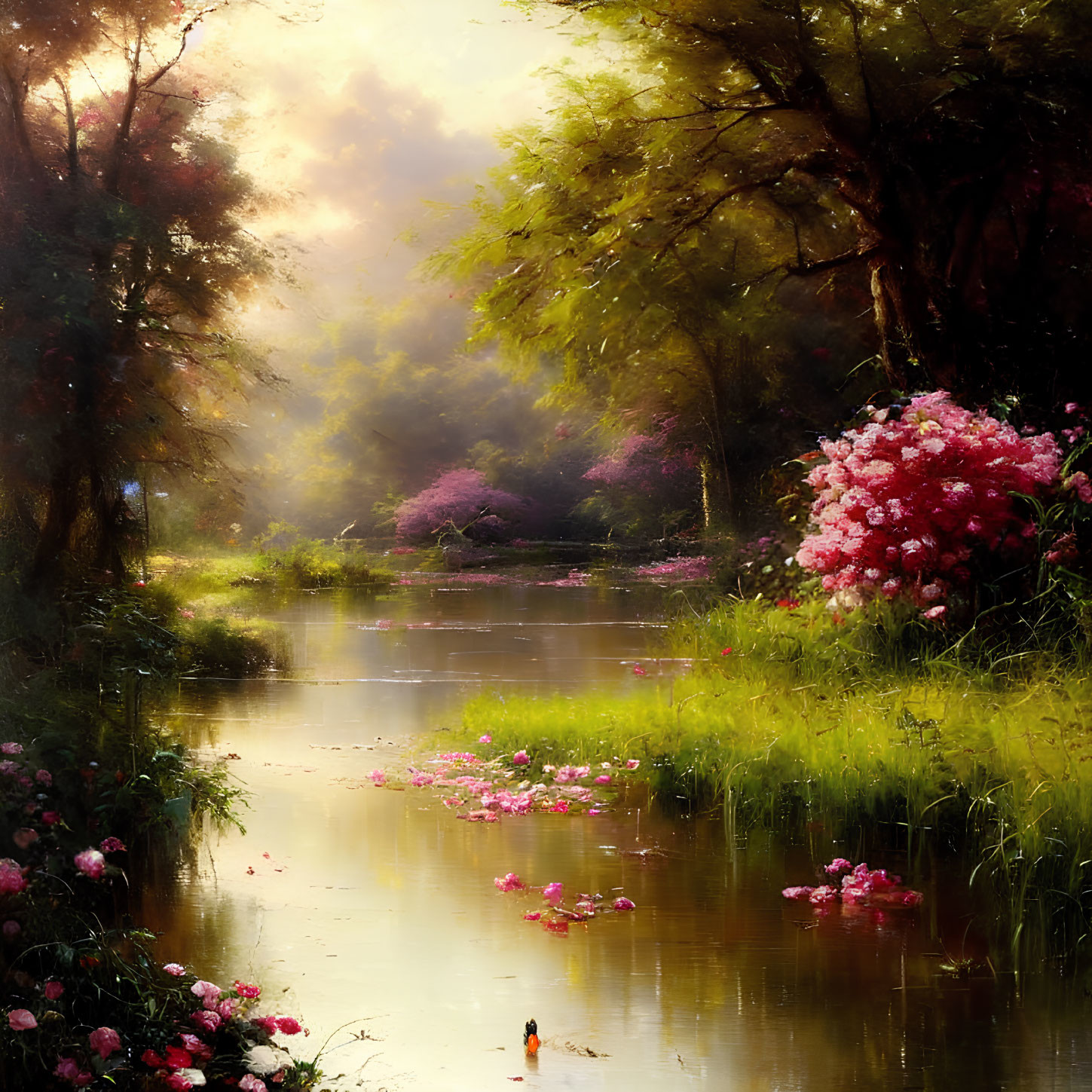 Tranquil river amidst greenery and blooming flowers