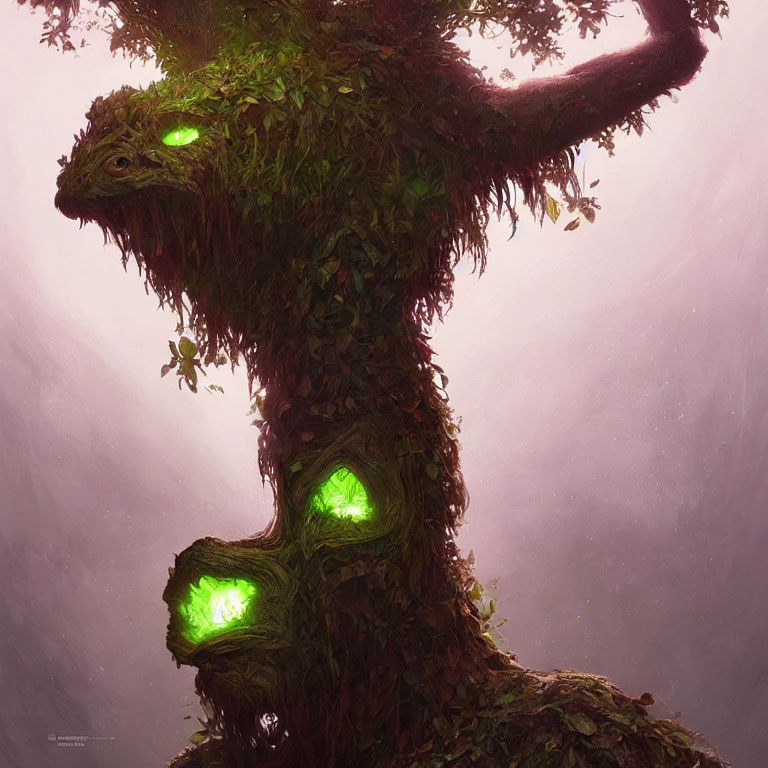 Mystical tree creature with glowing green eyes and twisted branches in pink-tinged fog