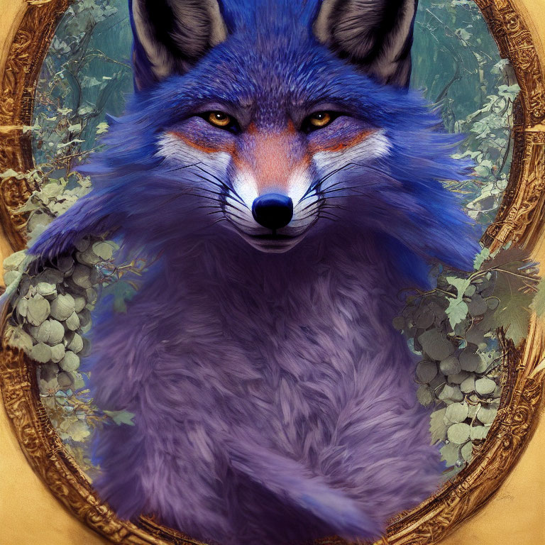 Detailed blue fox illustration in ornate circular frame with leafy motifs