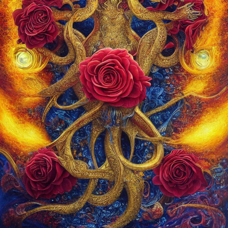 Symmetrical artwork with golden branches and red roses on cosmic backdrop