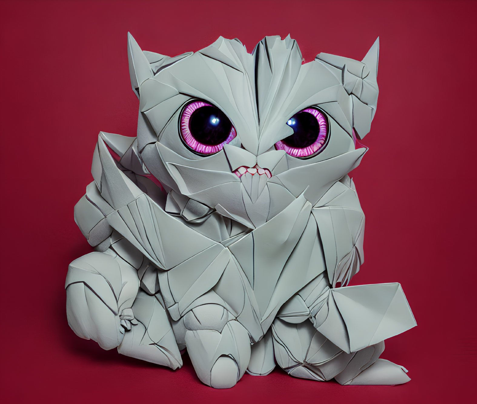 Stylized 3D Digital Artwork: Origami Owl with Purple Glowing Eyes