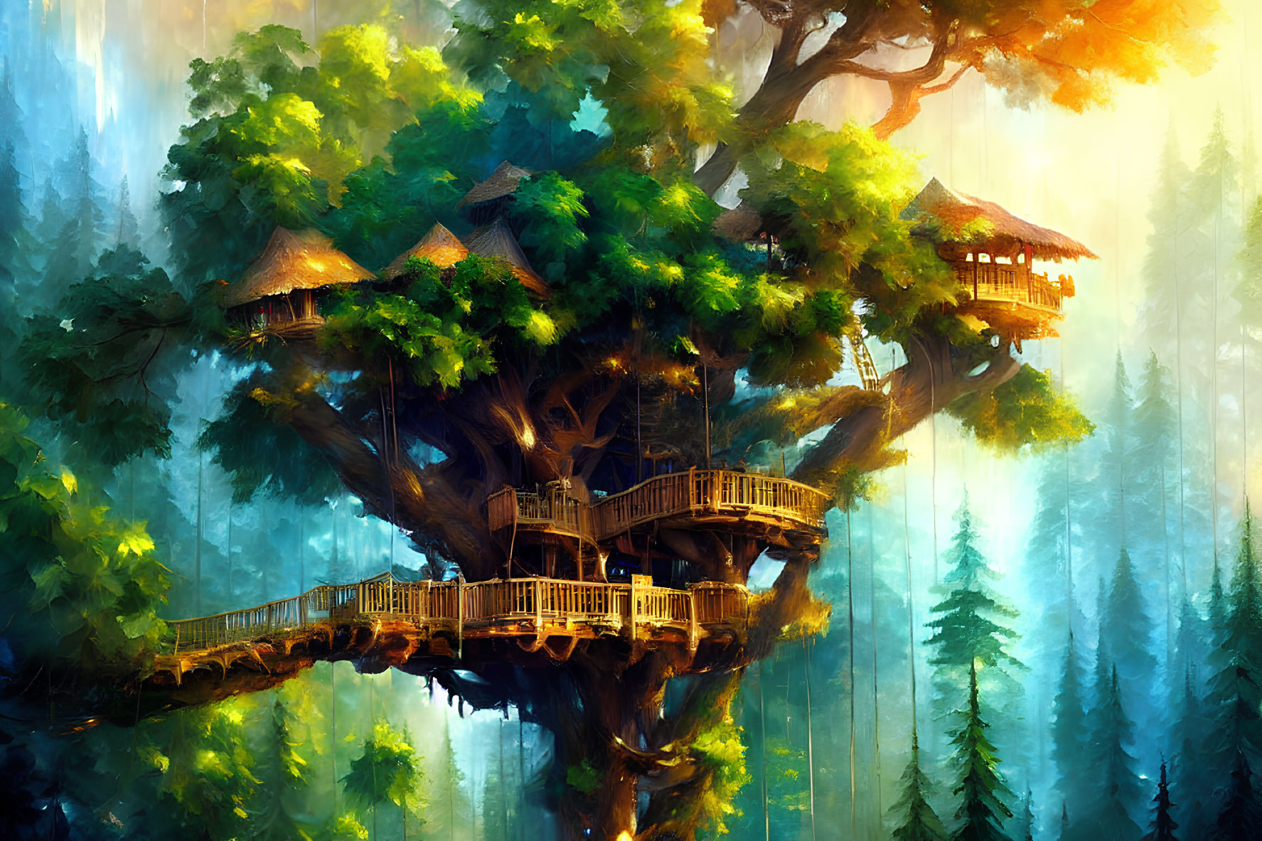 Treehouse with wooden huts and bridges in a mystical forest