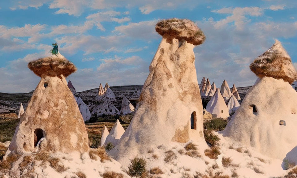 Unique fairy chimneys in Cappadocia with person and vegetation at dusk/dawn