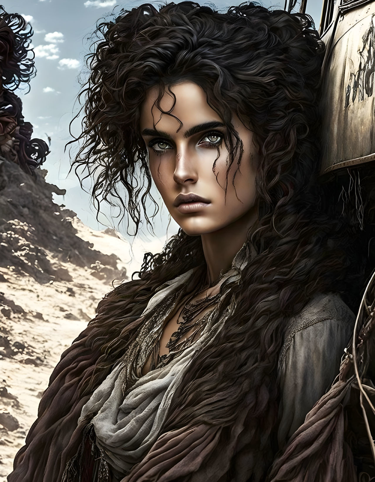 Curly-haired woman in layered clothing in desert with vehicle edge.