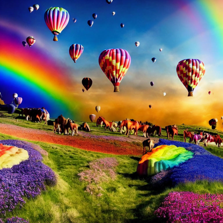 Colorful landscape with hot air balloons, rainbow, horses, and flower fields
