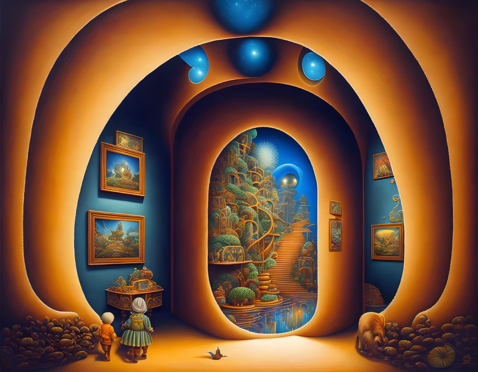 Whimsical painting featuring figures in surreal gallery
