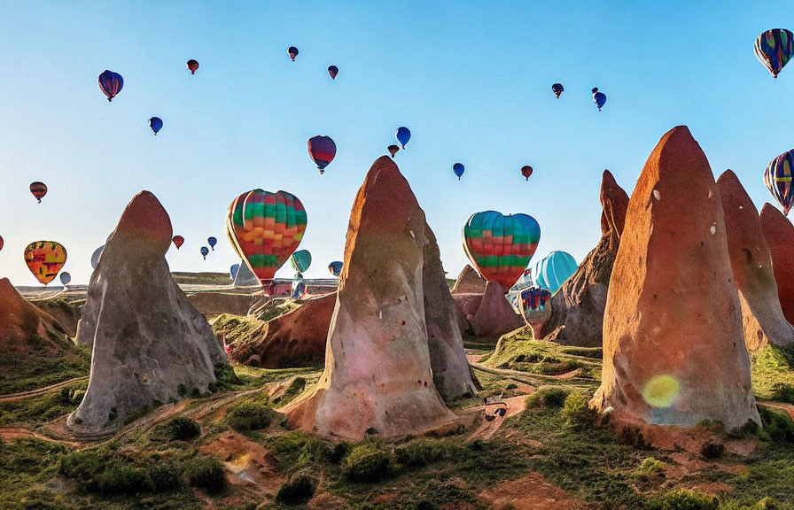 Colorful hot air balloons over rugged landscape with unique rock formations