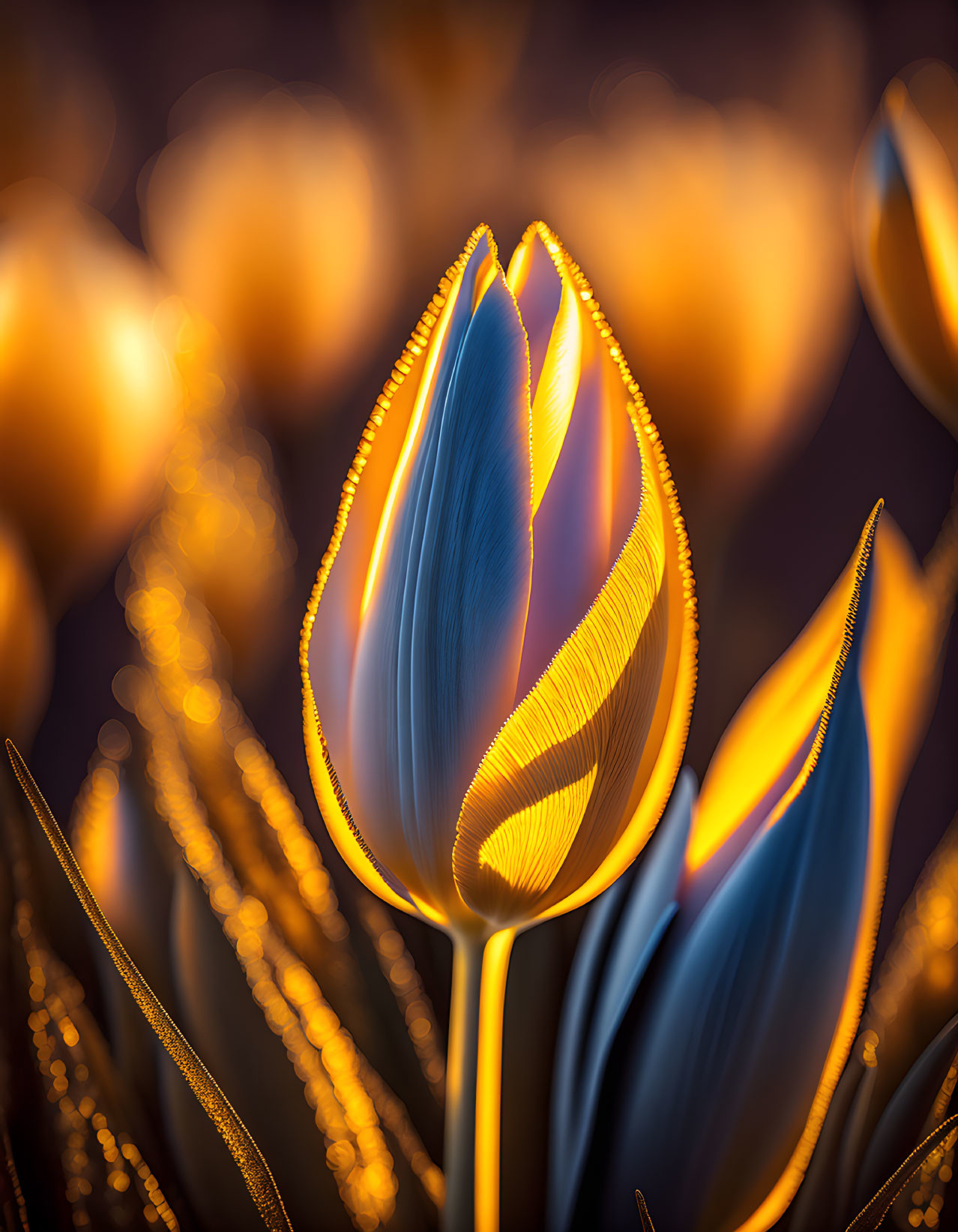 Close-up Tulip with Glowing Edges on Bokeh Background