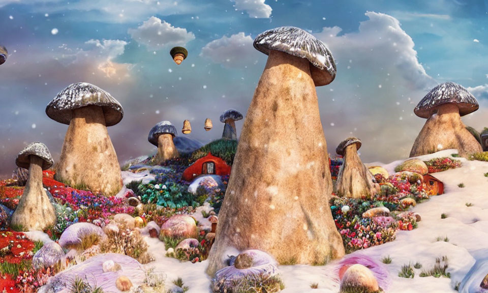 Whimsical oversized mushroom structures in snowy landscape with hot air balloons