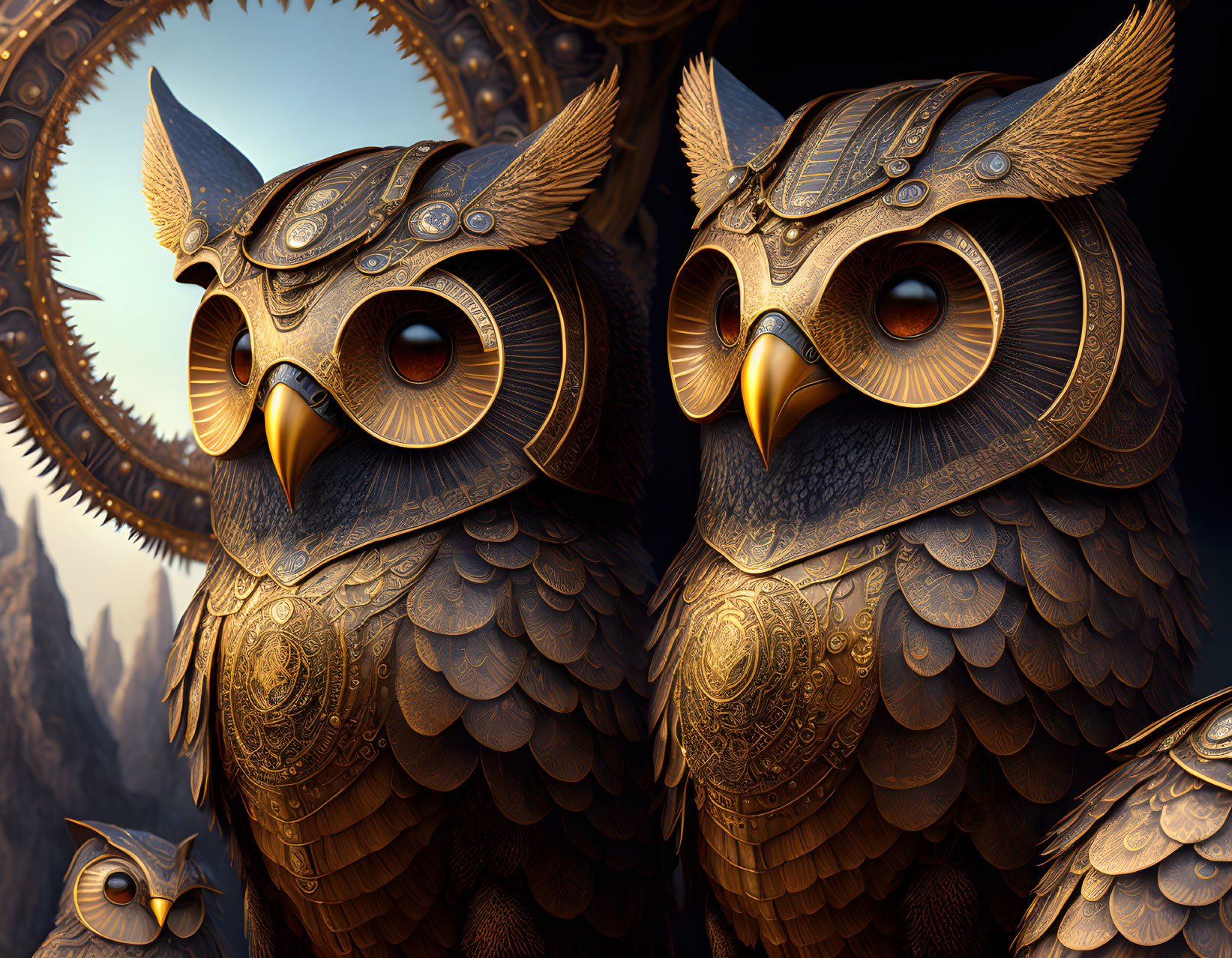 Detailed Steampunk Mechanical Owls Artwork