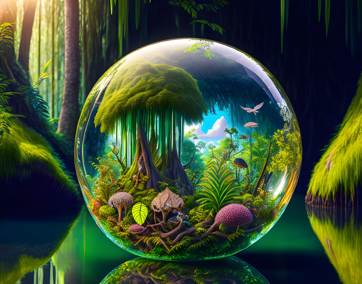 Transparent sphere showcasing lush greenery, mushrooms, and hummingbird in mystical forest