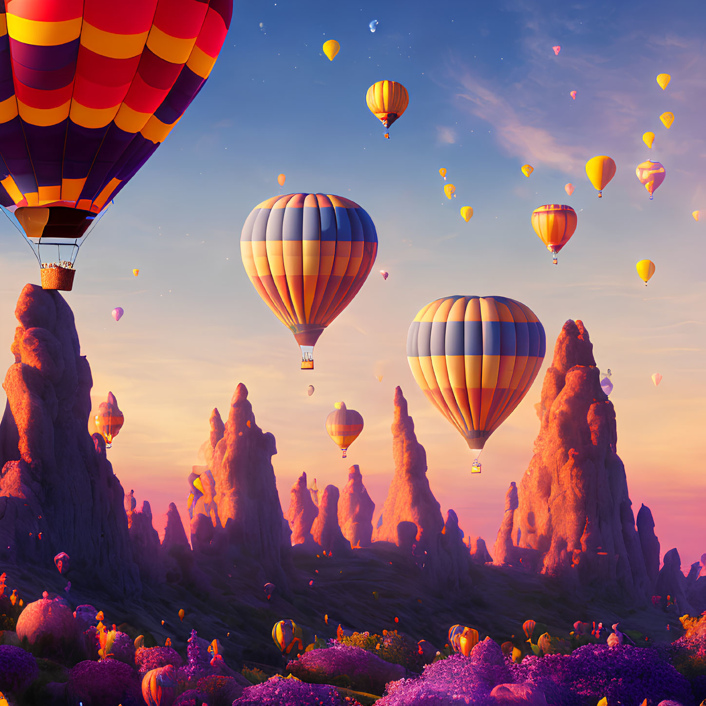 Colorful hot air balloons over whimsical sunset landscape.