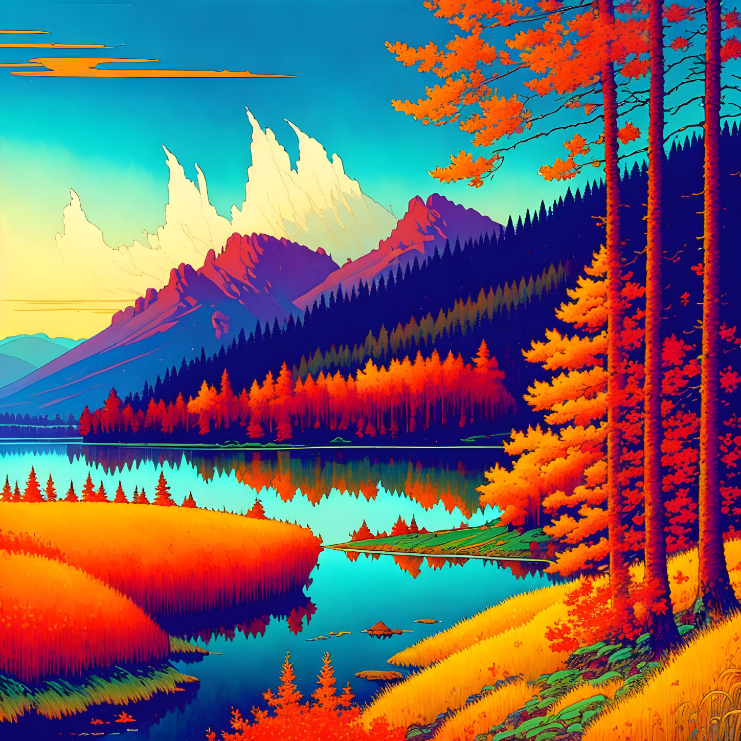 Fiery Orange Trees Reflecting in Calm Lake Amid Autumn Landscape