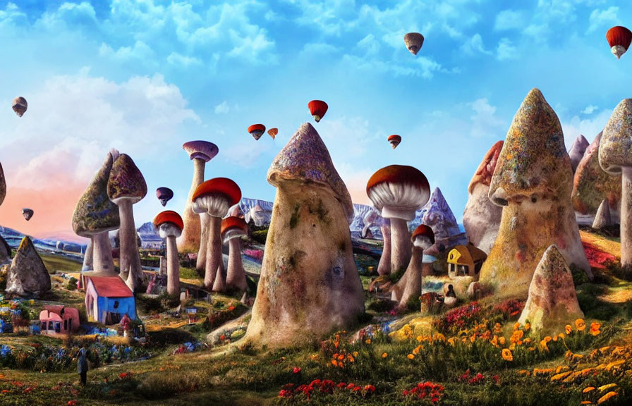 Colorful Mushroom Houses and Hot Air Balloons in Vibrant Landscape