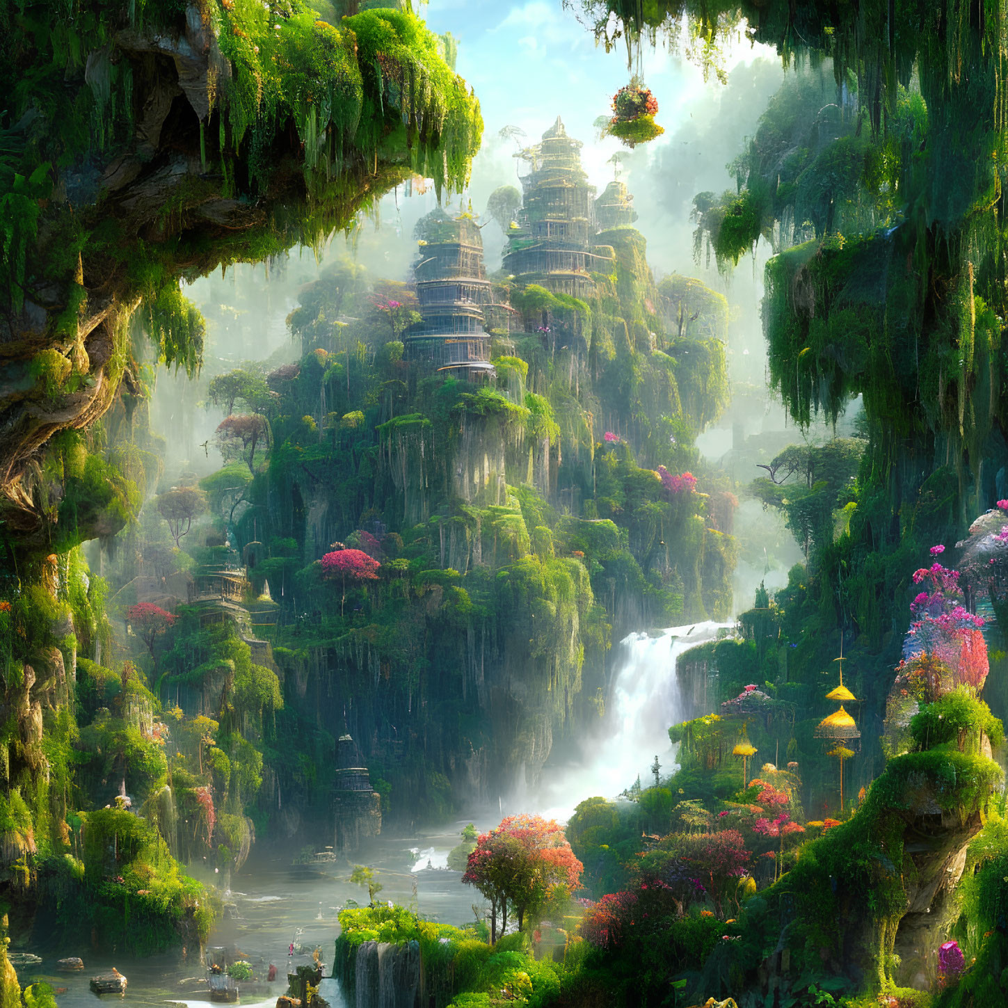 Vibrant fantasy landscape with waterfalls, exotic plants, and ancient temples