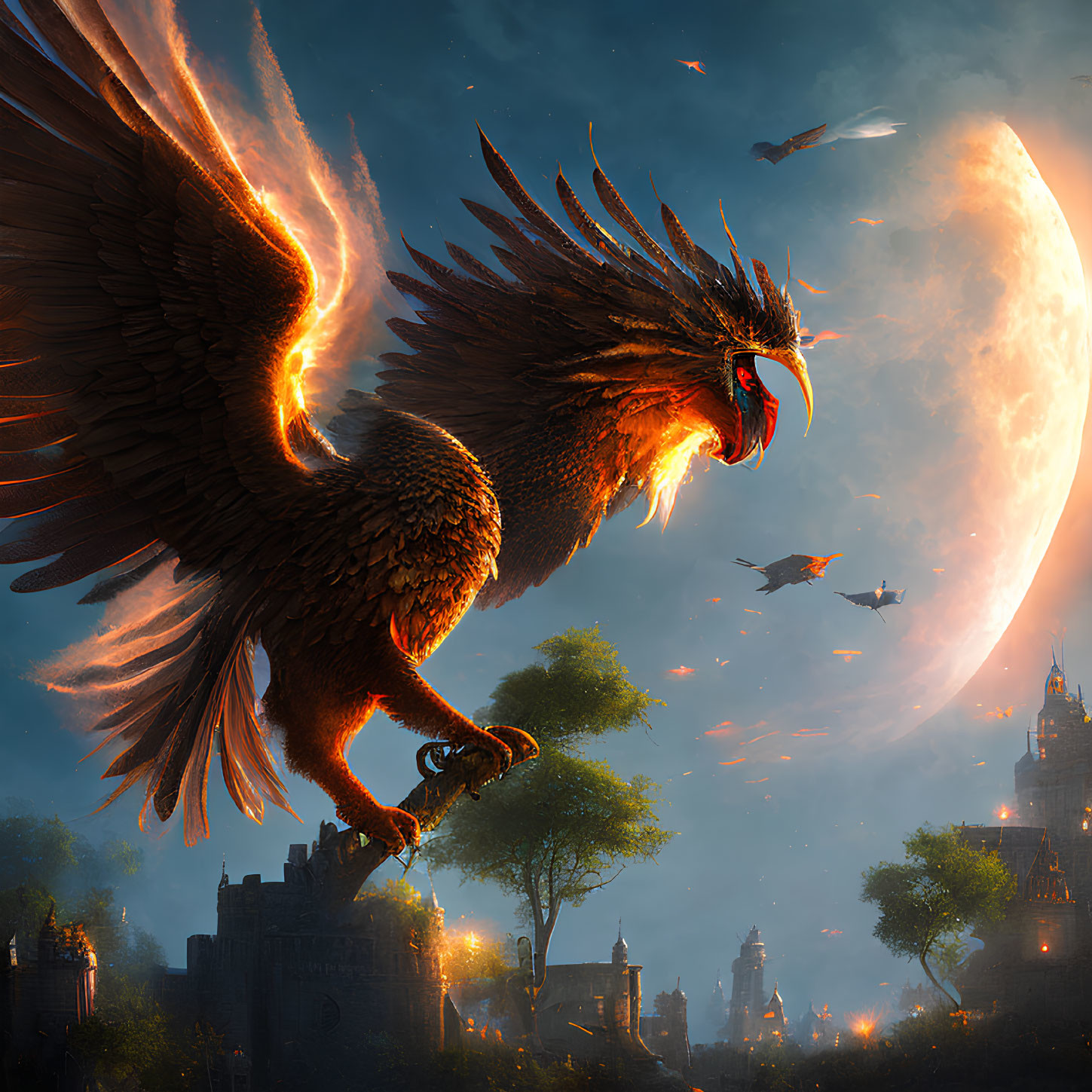Majestic phoenix flying near castle under crescent moon