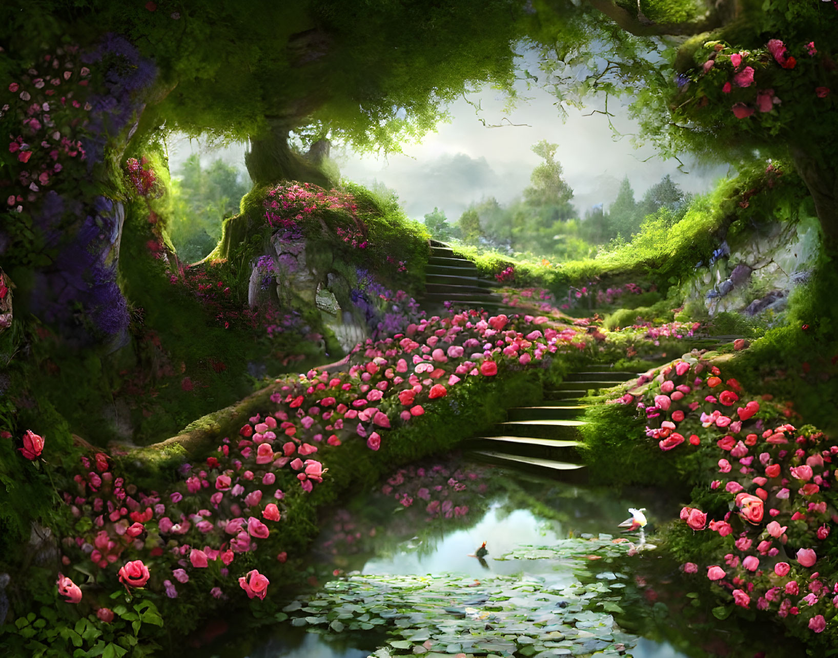 Lush Greenery, Pink Flowers, Pond, Stone Stairway in Mystical Forest