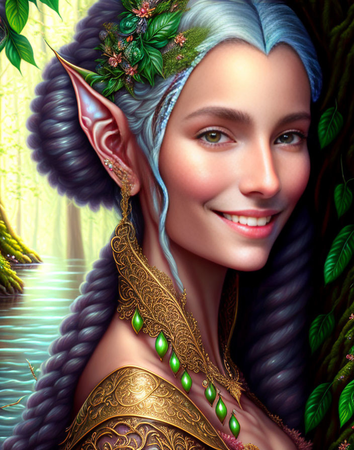 Smiling elf with blue hair and floral ears in gold armor
