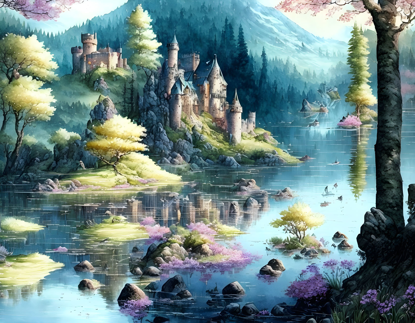 Serene Castle in Lush Landscape with Reflective Lake