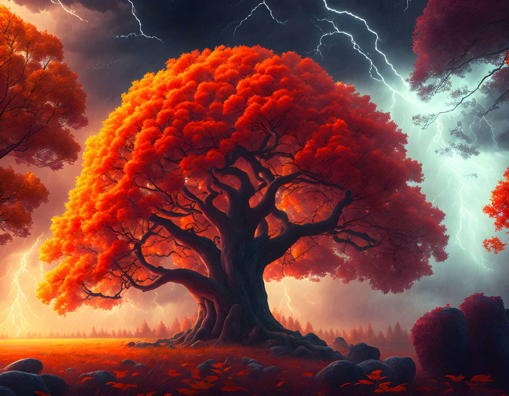Orange Tree with Thick Trunk in Stormy Sky with Lightning
