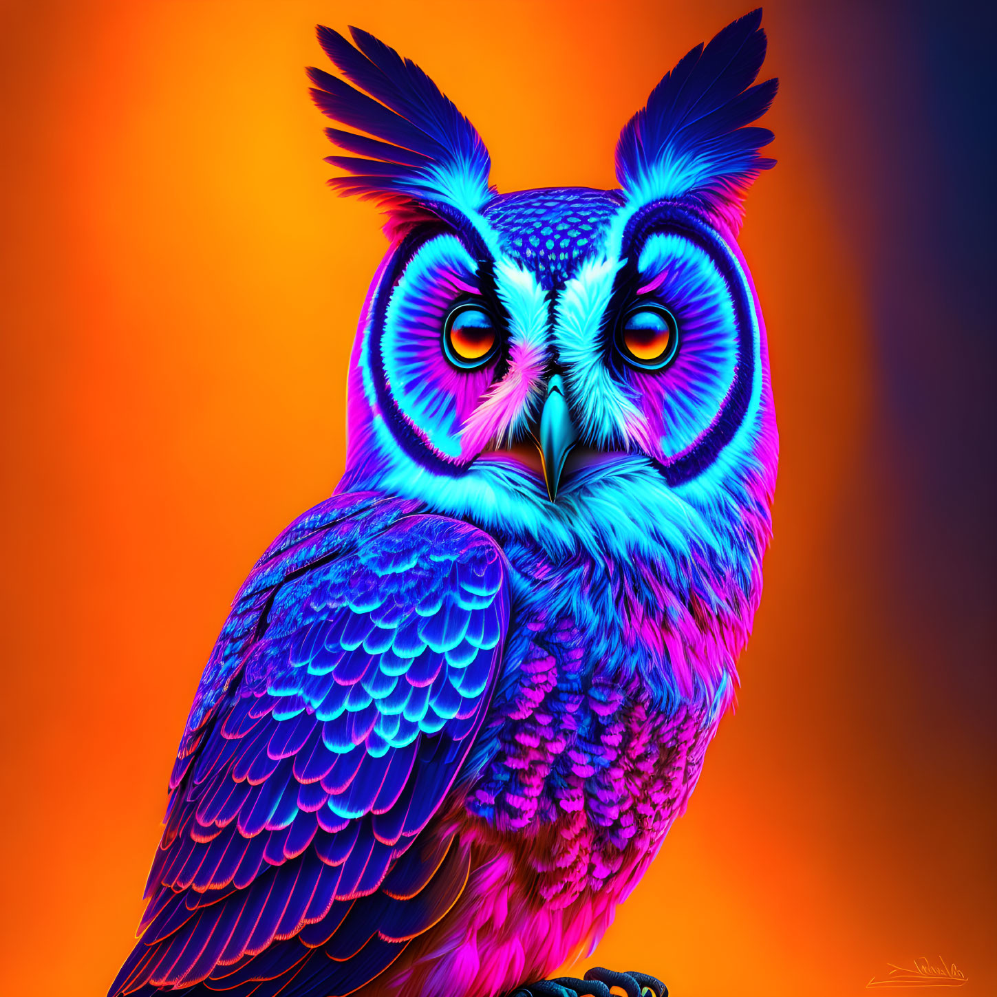 Colorful Owl Artwork with Blue and Purple Feathers on Warm Background