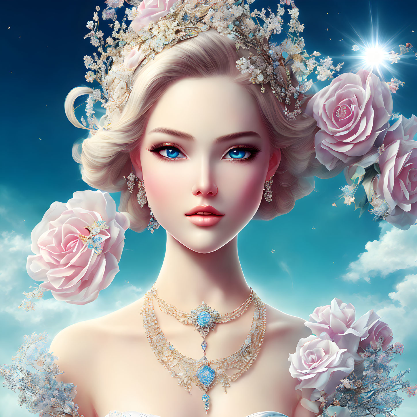 Digital Art Portrait of Woman with Floral Crown and Jewels Among Pink Roses