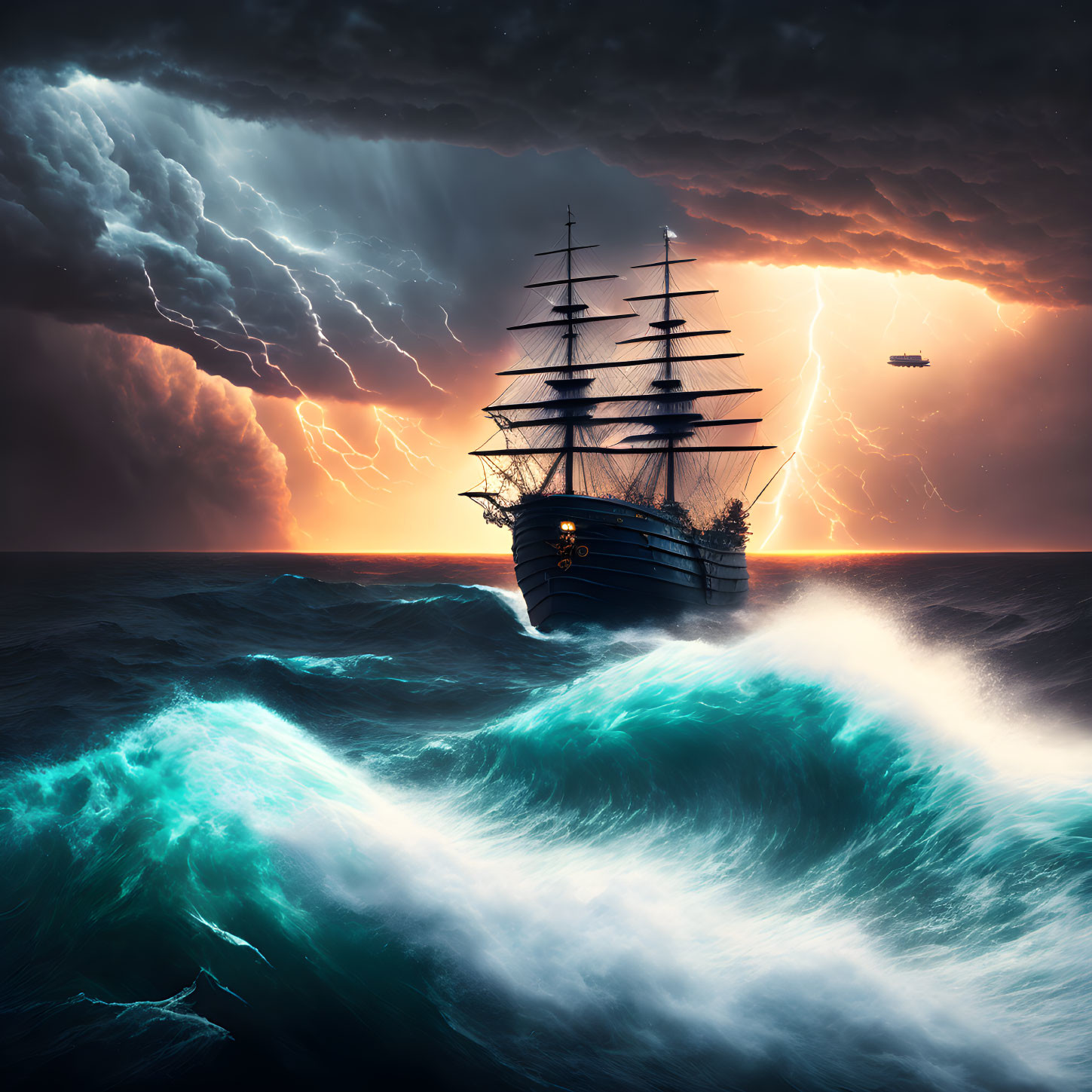 Stormy sea scene with tall ship and flying vessel under dark clouds
